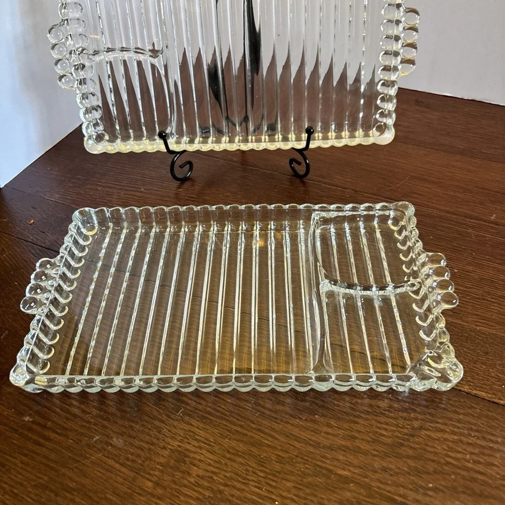 Set of 2‎ Hazel Atlas Ball & Rib Glass Sip N Smoke Snack Trays 1940's